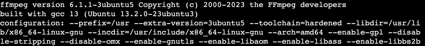 The ffmpeg -version command's output in the terminal