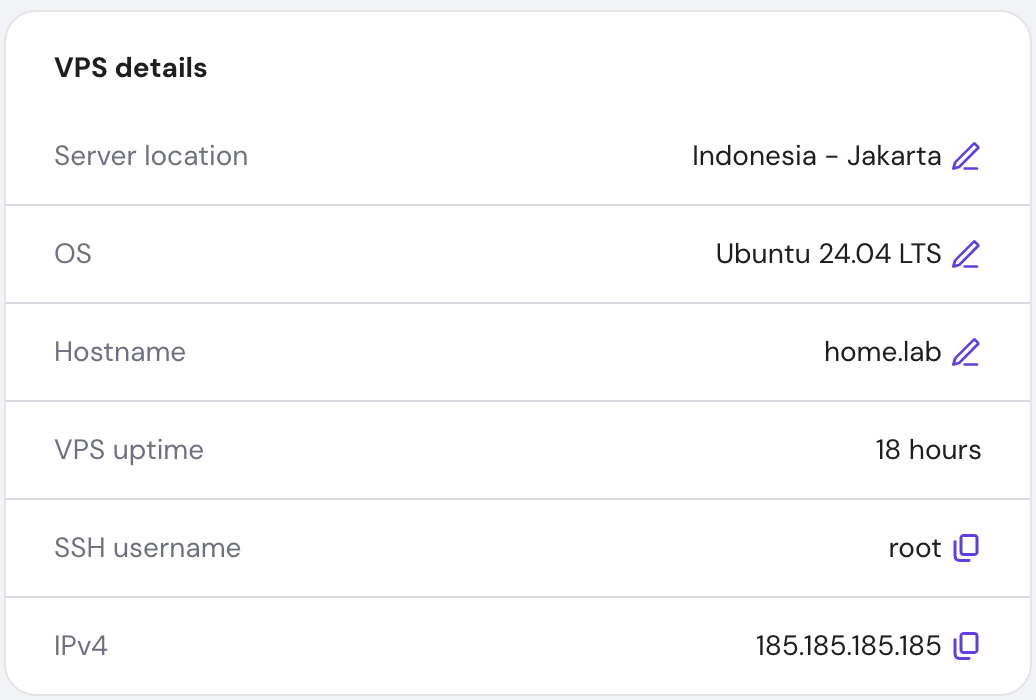 The VPS details menu on hPanel