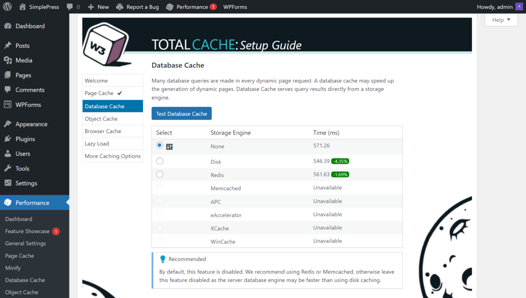 W3 Total Cache showing the Database Cache page
