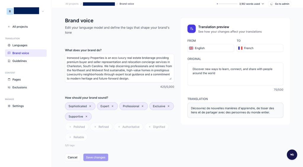 Weglot's brand voice feature