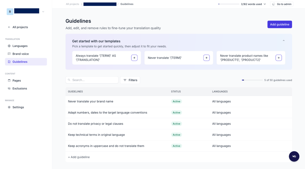 Weglot's translation guidelines feature