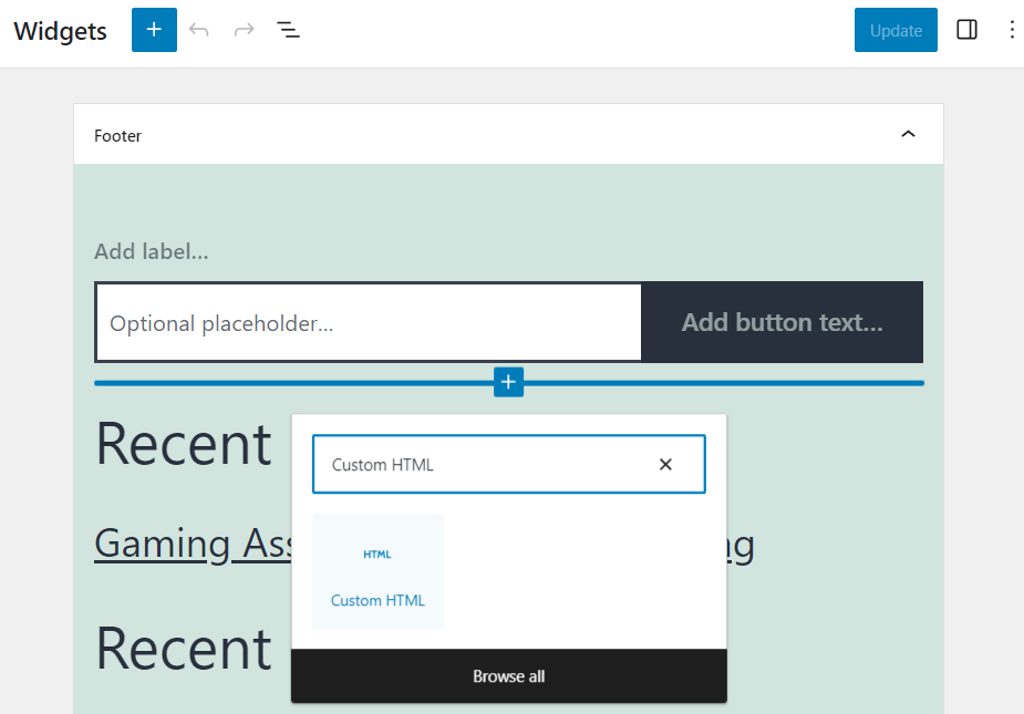 The Custom HTML block in WordPress' Widgets section
