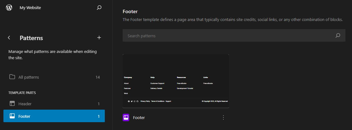 WordPress's Site Editor interface showing the Footer panel under Patterns