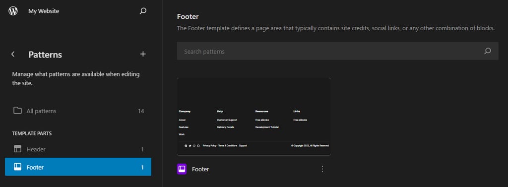 WordPress's Site Editor interface showing the Footer panel under Patterns