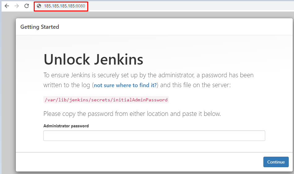 A web browser window for the initial setup of Jenkins. The red border shows an example IP address with an 8080 port