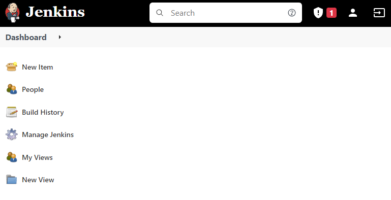 Jenkins dashboard as shown after the initial setup