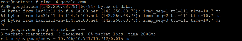 The ping output with the -4 option