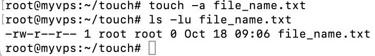 The terminal window shows the touch command to change only file access time for a single file