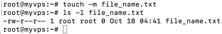 The terminal window shows the touch command to change only modification time of a given file. While ls -l command displays modify time
