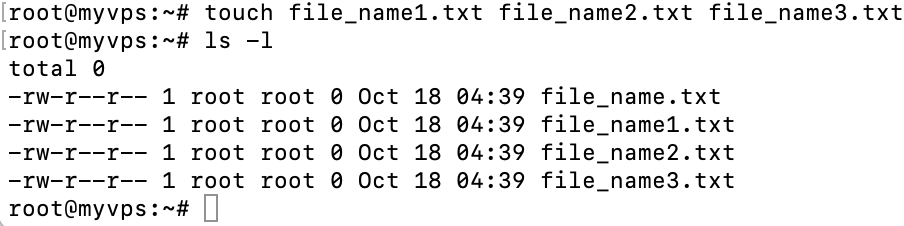 The terminal window shows the touch command to create empty files. Touch creates three empty files as a result