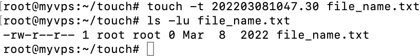 The terminal window shows the touch command to set a specific timestamp for modification and access times for a given file. While ls -lu displays the specified time