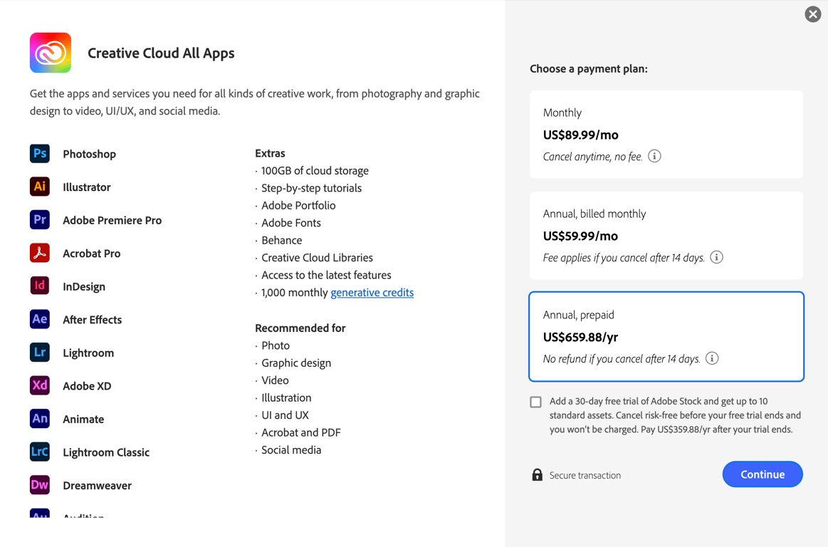 Adobe Creative Cloud all apps pricing