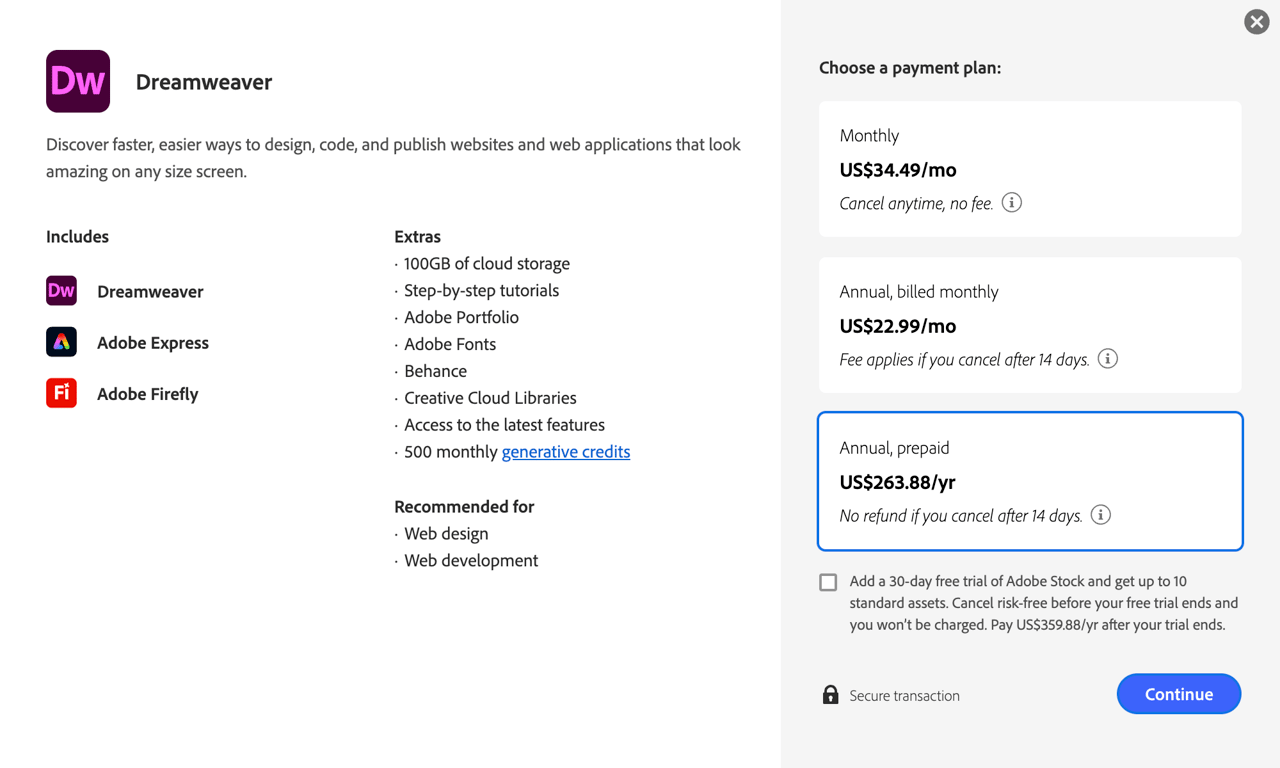 Adobe Dreamweaver plans and pricing