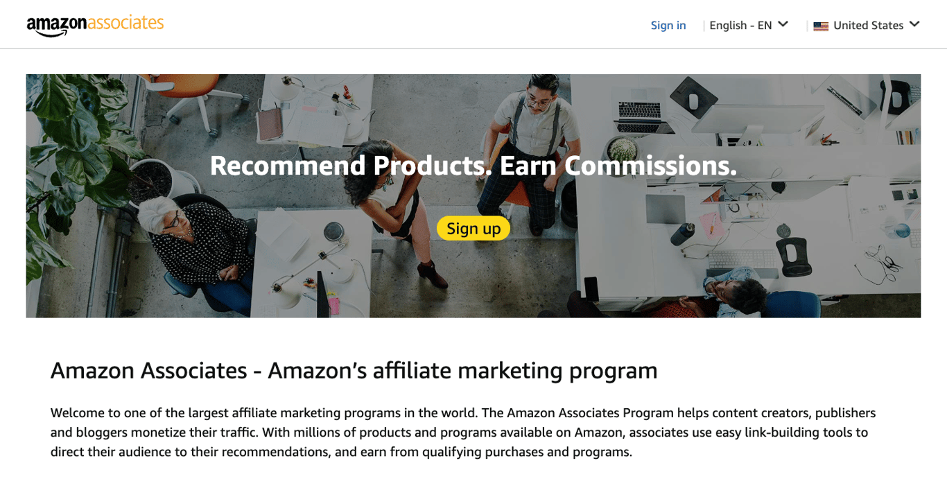 Amazon Associates landing page