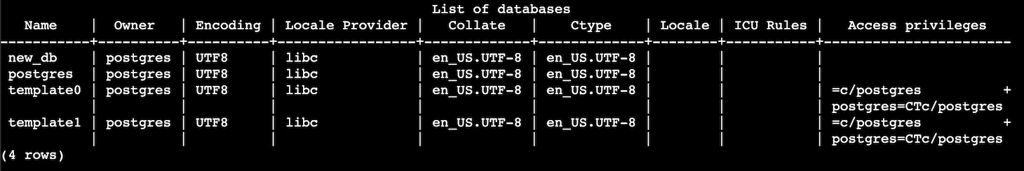 Terminal view listing available PostgreSQL databases using the \l command.