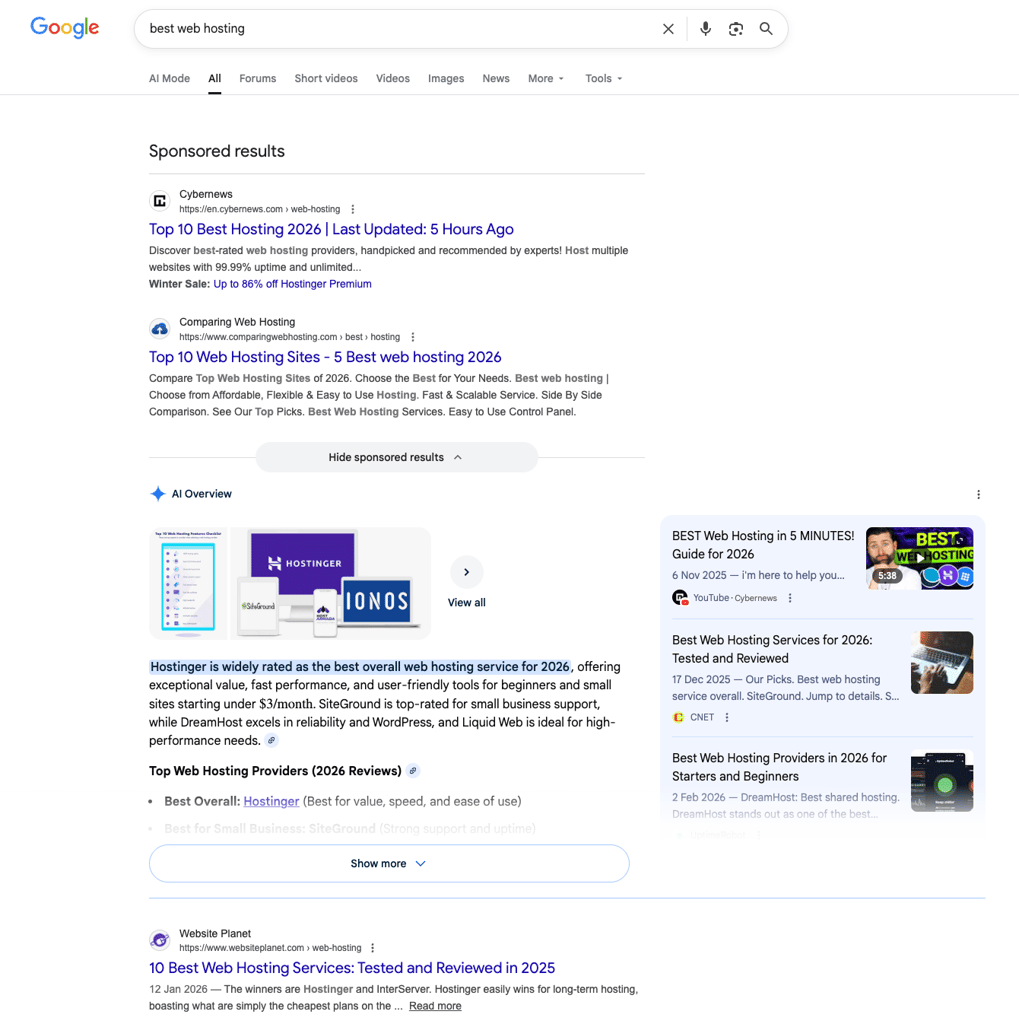 google-serp-sponsored-ai-overview-organic-listing Google's search engine results page (SERP) with paid and organic listings