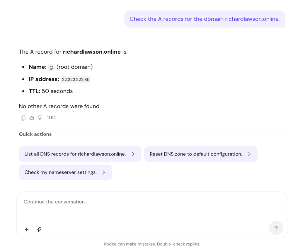 Hostinger Agent checking the A record of a domain