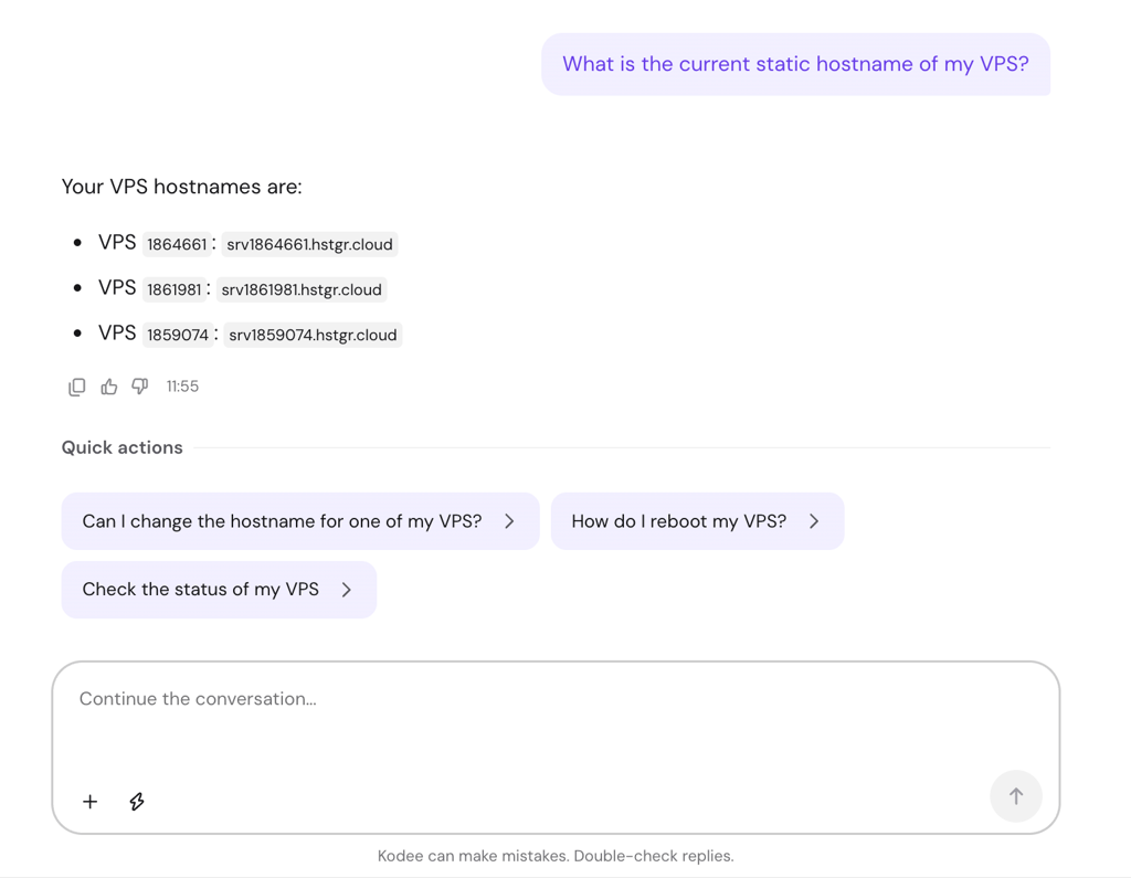 Hostinger Agent showing the current VPS hostnames