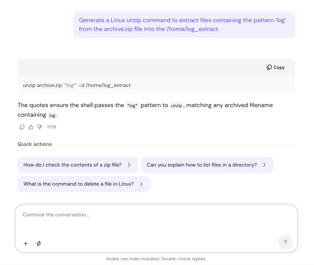 Hostinger Agent generating a Linux unzip command