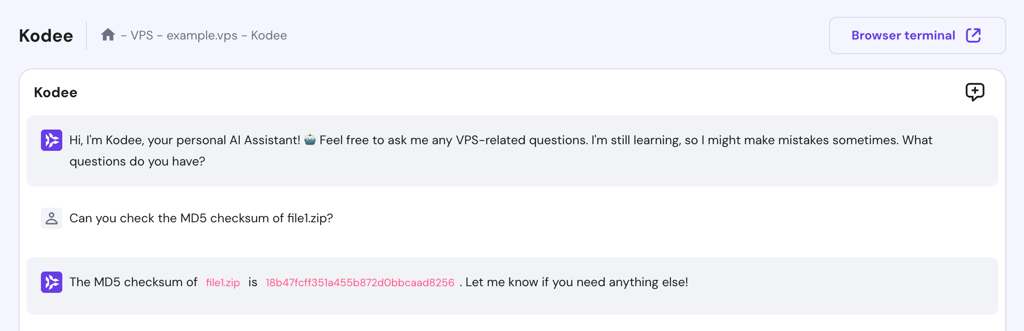 Kodee responds to a question about checking a ZIP file's MD5 checksum