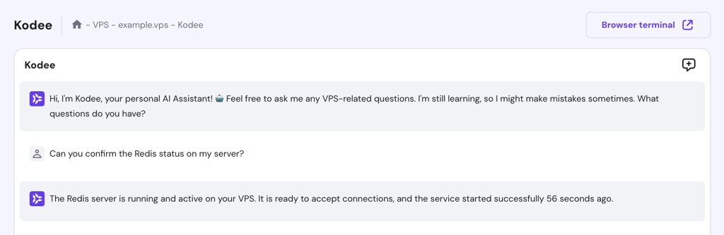 Kodee responds to a question about the Redis status