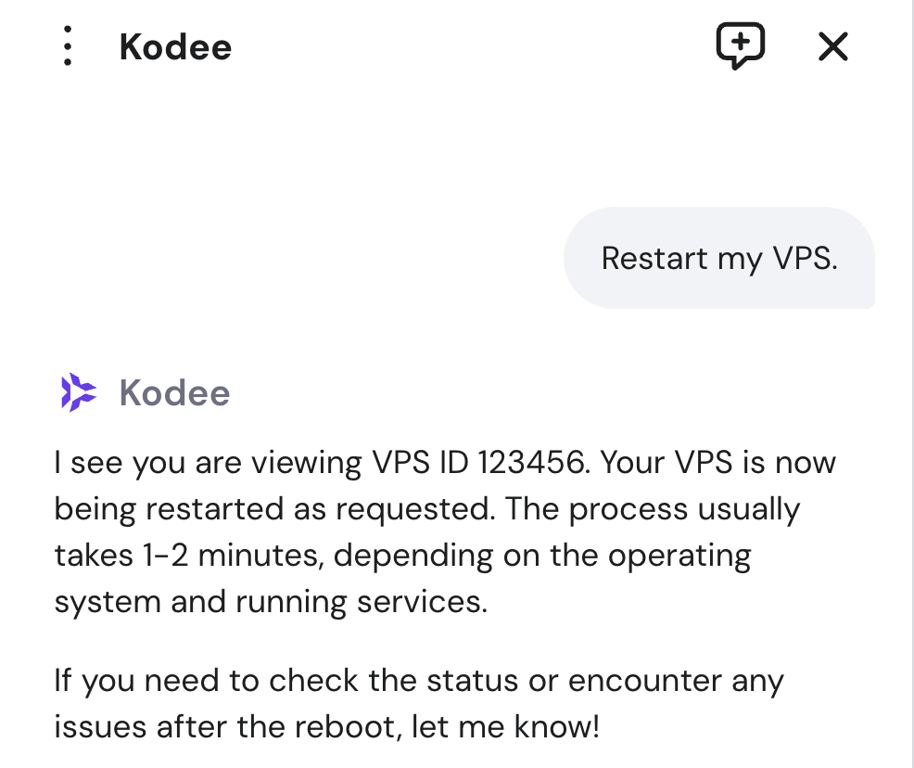 Using Kodee AI assistant to restart a VPS server.