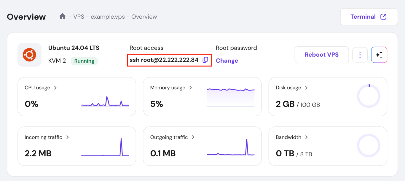 hPanel VPS overview highlighting root access login credentials