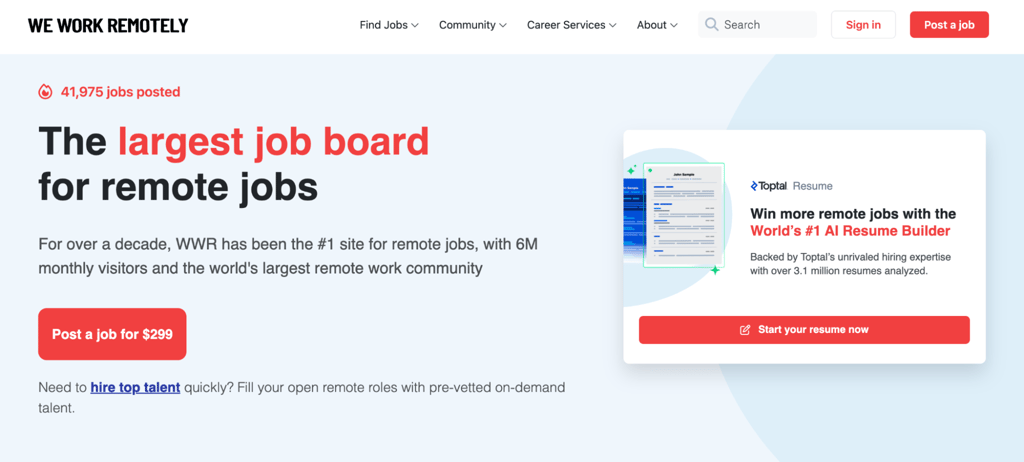 We Work Remotely homepage