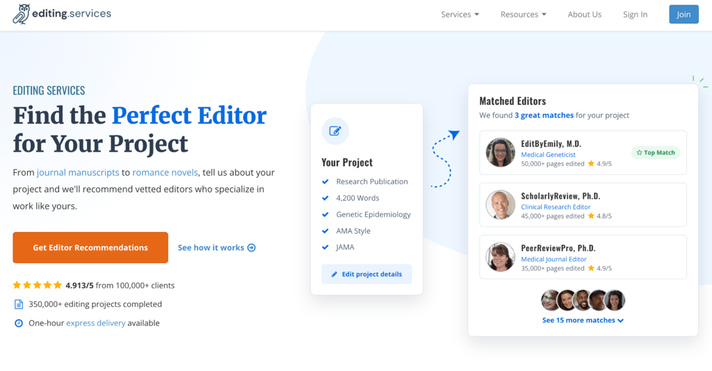 Editing.services homepage