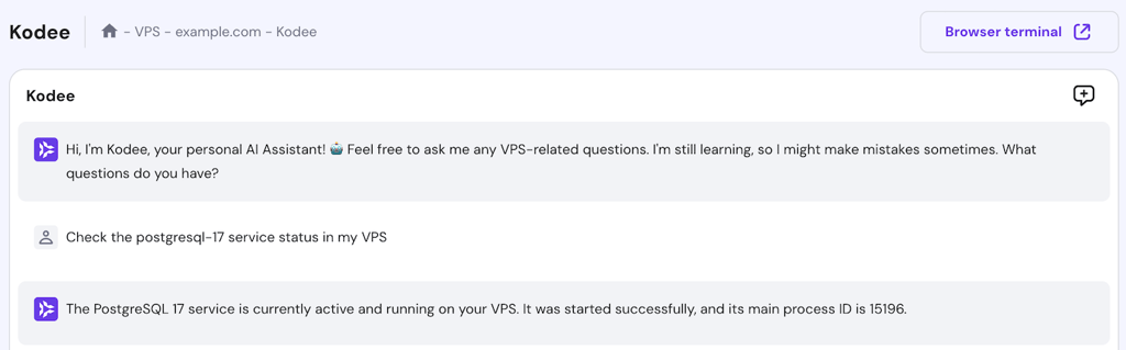 Kodee checks the postgresql-17 service status 