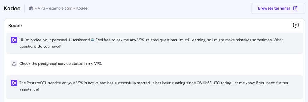 Kodee outputs the postgresql service status