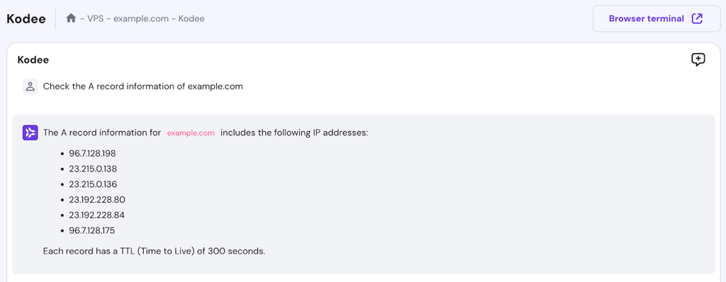 Kodee queries A record information of a domain name