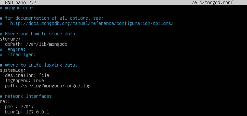 The mongod.conf file content in nano