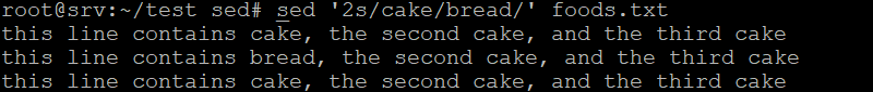 Terminal output shows sed has replaced cake in the second line with bread