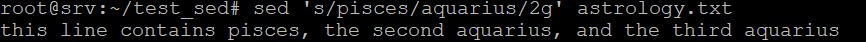 Terminal output shows sed has replaced the second pisces occurrence until the last one with aquarius