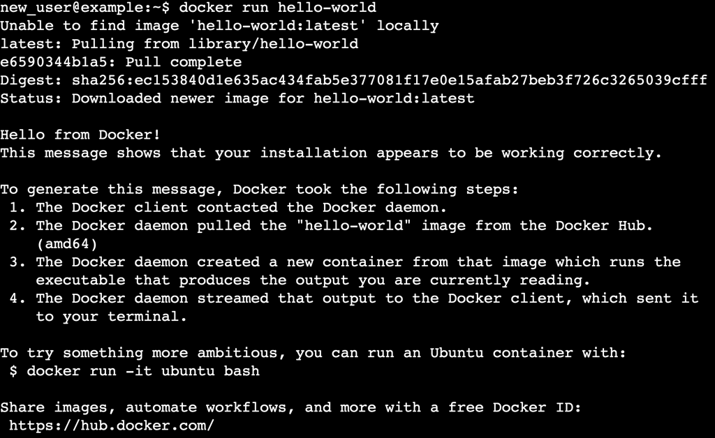 A terminal output shows that a non-root user can run a simple Docker command