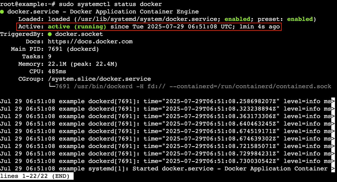 A terminal output shows that the Docker service is currently active and running