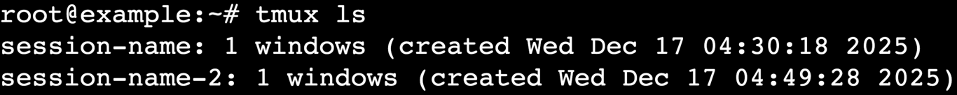 Terminal output listing active tmux sessions with tmux ls