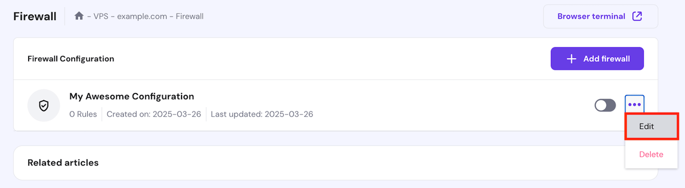 The Edit button on hPanel's firewall configuration page