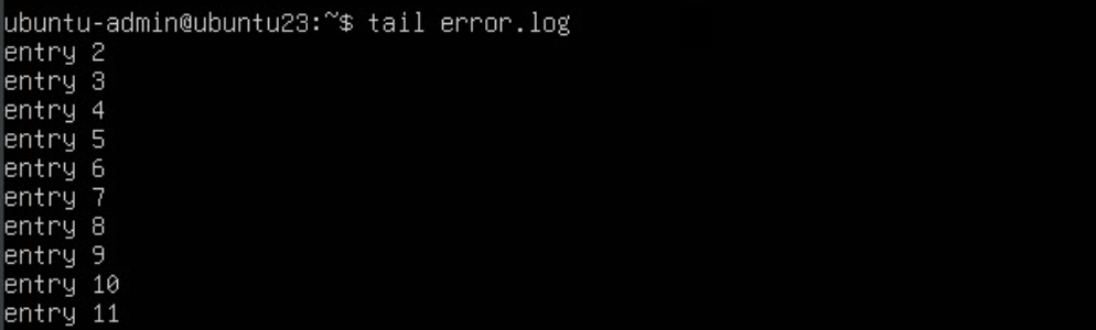 The tail command prints the last 10 lines of a log file