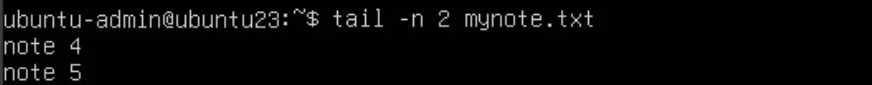 The tail command prints the last two lines of a file