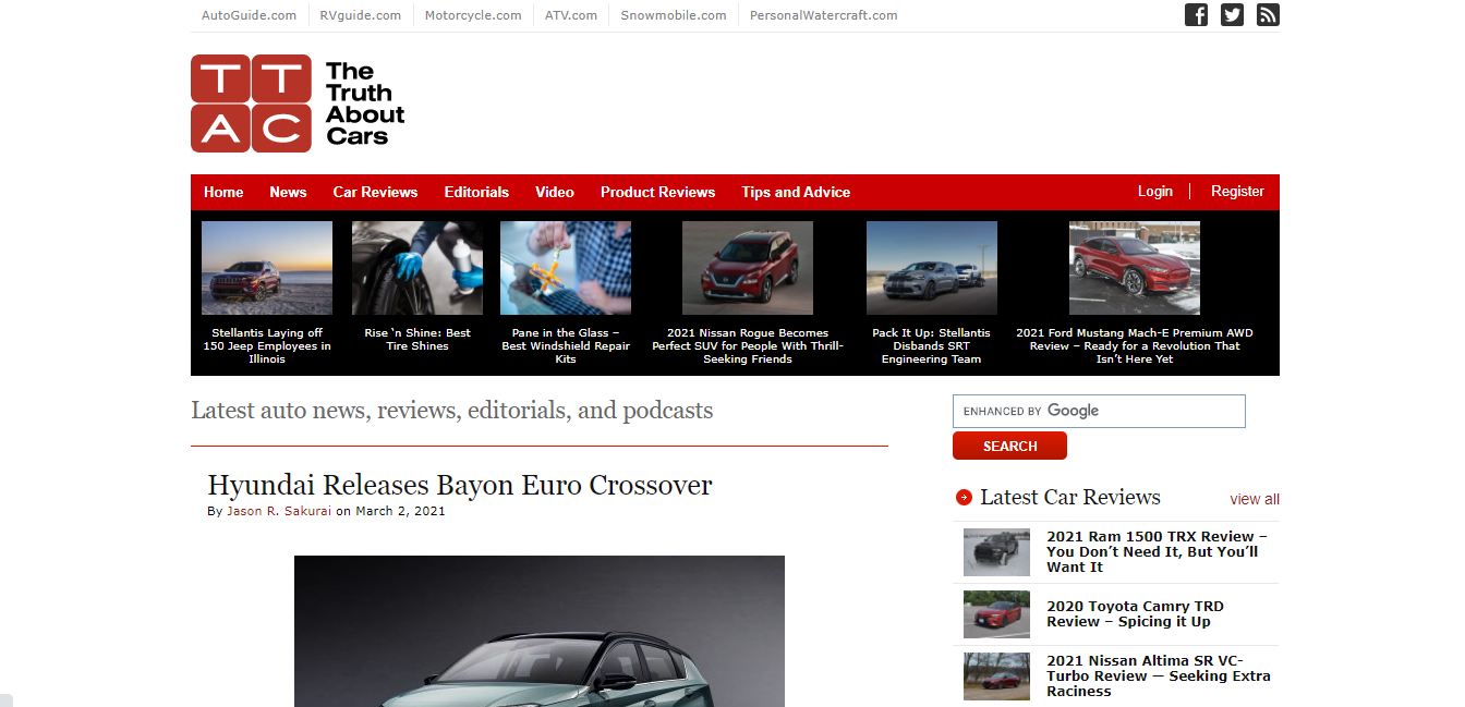 The Truth About cars home page featuring a new car from Hyundai