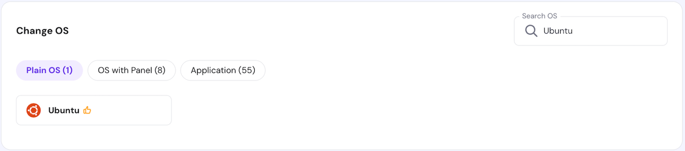 Ubuntu on hPanel's VPS operating system configuration page
