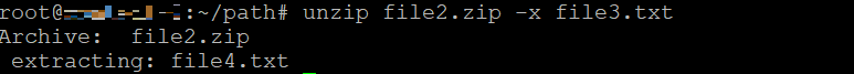 The unzip command excludes a file from the extraction