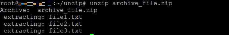 The unzip command extracts files from an archive