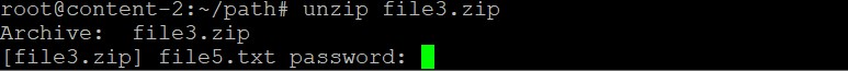 The unzip command prompts user to enter an archive file's password