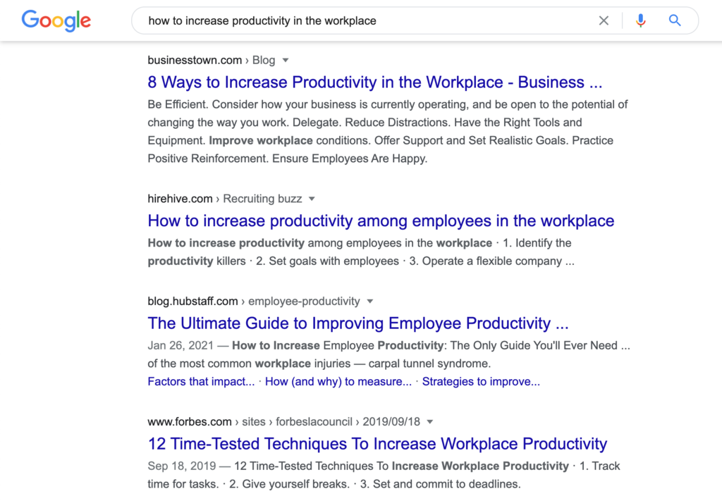 Screenshot showing search results for &ldquo;how to increase productivity in the workplace&rdquo;