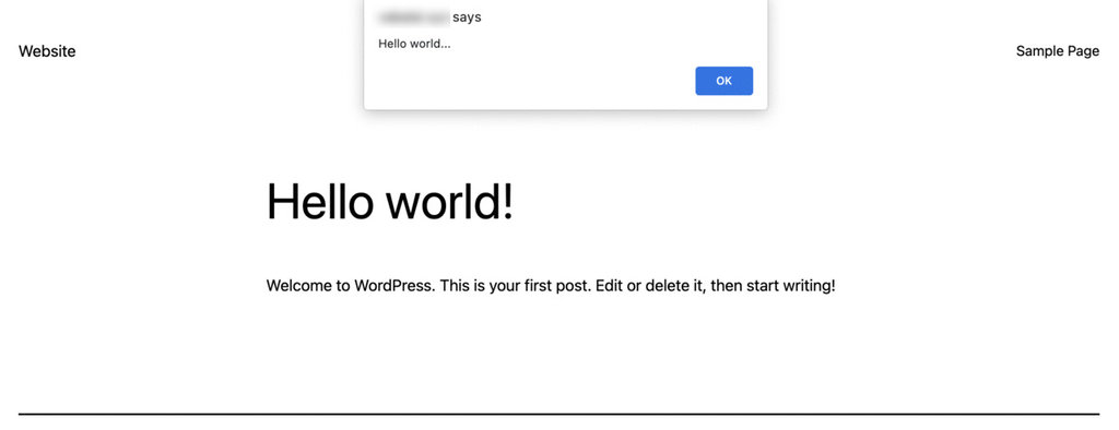 Action hook example on a live WordPress website. It shows an alert with a user-specified message