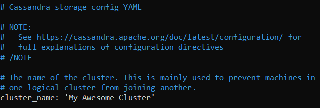 Cassandra configuration file opened with the nano editor. These particular lines indicate settings for the cluster name