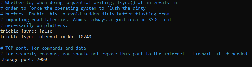 Cassandra configuration file opened with the nano editor. These particular lines indicate settings for the storage port